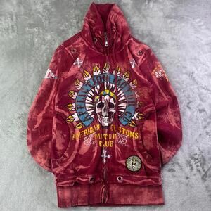 VTG Y2K Affliction American Customs Skull Print Acid Wash Cowl Neck Full-zip S